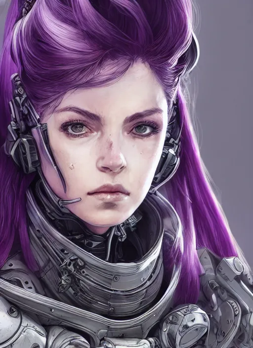 Prompt: close up portrait of a pale woman in power armor with purple ponytail hair, elegant, stoic, intense, ultrafine hyperdetailed illustration by kim jung gi, irakli nadar, intricate linework, sharp focus, bright colors, octopath traveler, yoji shinkawa, highly rendered, global illumination, radiant light, detailed, intricate environment