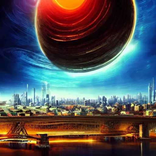 Image similar to black hole rising above city, city destroyed by shockwave, digital art, art by gonzalo fuenmayor, asher brown durand