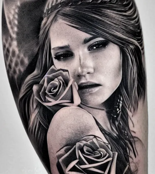 Image similar to tattoo design on white background of a beautiful girl warrior, roses, hyper realistic, realism tattoo, by eliot kohek, beautiful eyes, realistic face, black and white, award winning tattoo