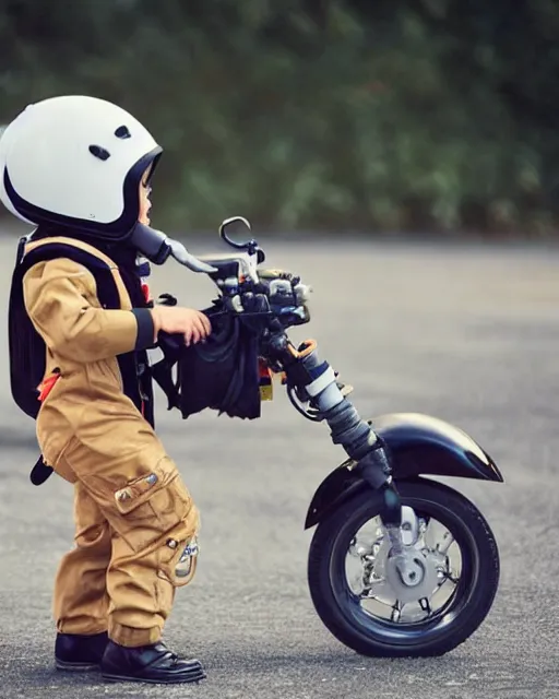 Prompt: cute toddlers wearing flight suits and motorcycle helmets, fly to school using their jet packs, hyperreal