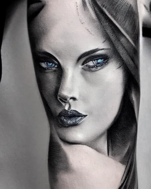 Image similar to tattoo design sketch of a beautiful blue - eyed woman face with a faded background of beautiful mountains on her side, hyper - realistic, in the style of den yakovlev, amazing detail, black and white