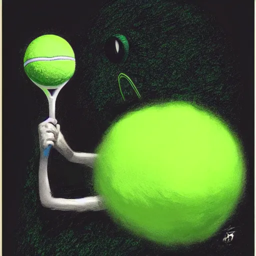 Prompt: a tennis ball monster, tennis ball, dark, chalky, kingdom hearts, digital art, fantasy, magic, trending on artstation, ultra detailed, professional illustration by Basil Gogos