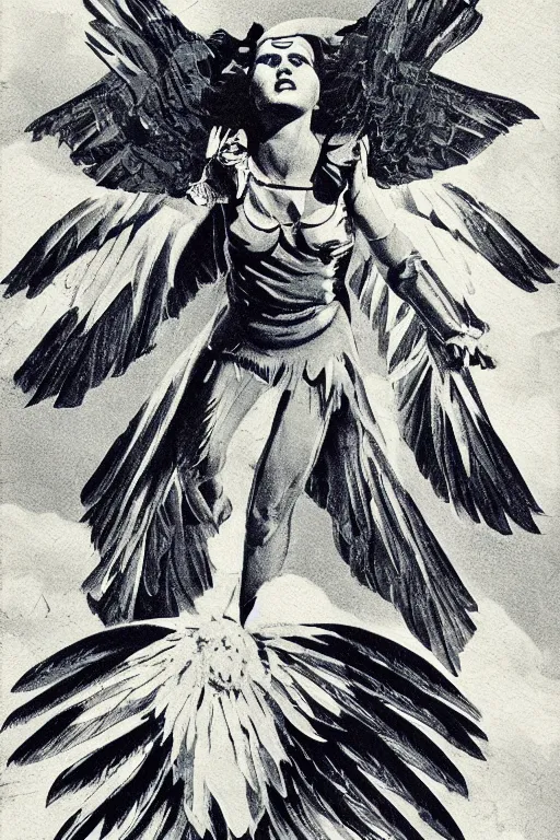 Image similar to a valkyrie taking flight, art deco