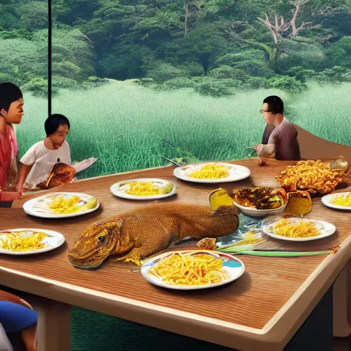 Image similar to a group of komodo dragons having a feast consisting of only indomie instant noodles on a fancy dining table, cartoon style