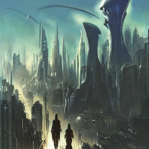 Prompt: An alien cityscape, futuristic alien beings walking through the streets, super advanced alien spacecraft flying in the skies above the city, by Frank Frazetta. Trending on CGSociety, 16k Resolution, hyperdetailed :: no blur, no grain, highly detailed, cinematic ::