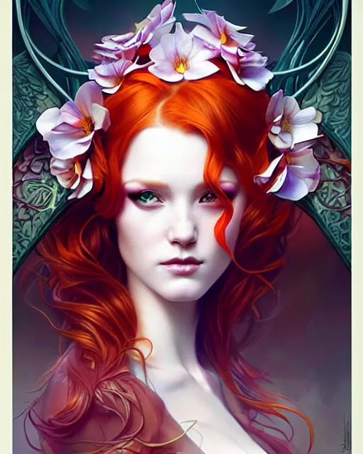 Image similar to Beautiful, evil and playful ethereal ginger portrait, art nouveau, fantasy, intricate flower designs, elegant, highly detailed, sharp focus, art by Artgerm and Alex Ross Tran and WLOP