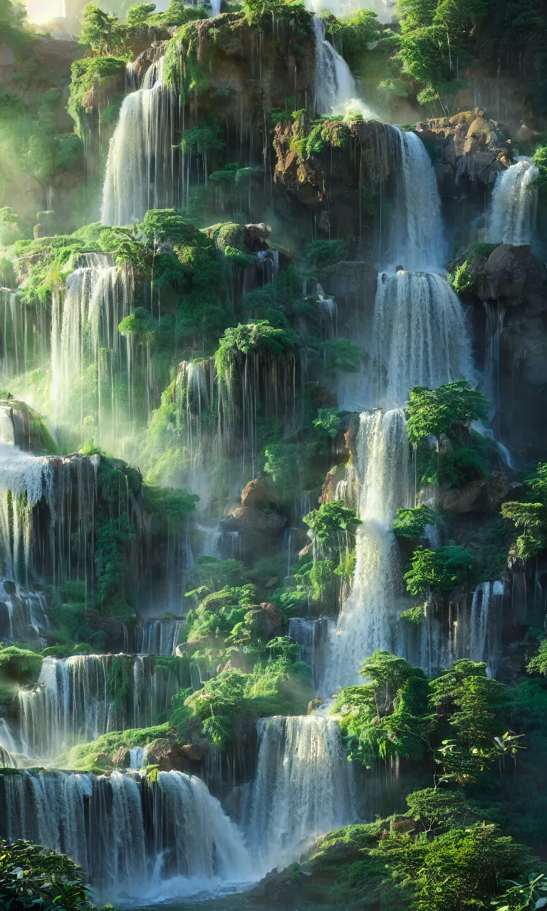 Image similar to beautiful big house waterfall flows down from the mountain, octane render, fabulous, hyper detailed, random cinematic view, no noise, global illumination, warm lighting, volumetric, godrays, vivid, beautiful, by jordan grimmer