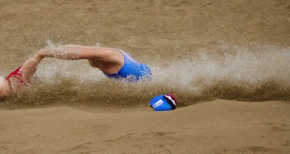 Image similar to olympic swimming in sand instead of water, extremely coherent, motion blur