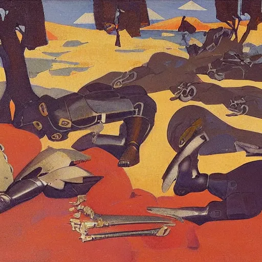 Image similar to a naturalist vintage painting of shining metal medieval armors soldiers lying on the ground by nicholas roerich by gustave moreau, by eyvind earle by bruce pennington by georgia o keeffe, blood, skin reflective metallic