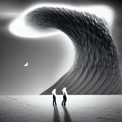 Prompt: A sand tsunami in the desert gate swallowing a man and a boy to different dimension spark, surreal ,Night