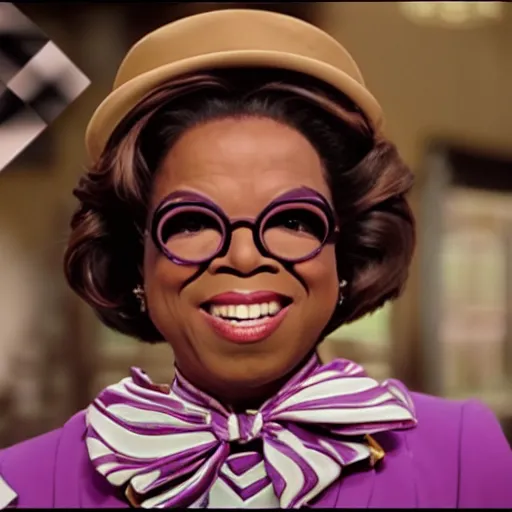 Image similar to willy wonka played by oprah, inside of the chocolate factory realistic 4 k