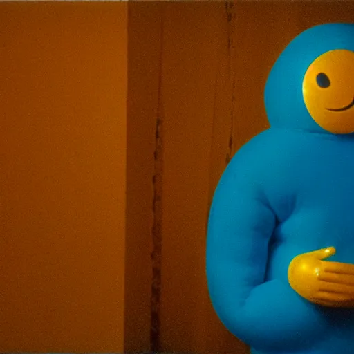 Image similar to still from a 1994 arthouse film about a depressed woman dressed as an inflatable smiley who meets a handsome younger man in a seedy motel room, color film, 16mm soft light, weird art on the wall