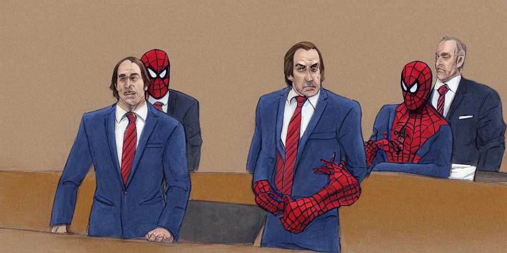 Image similar to Saul Goodman defending Spider-Man in court, photorealistic, 4K