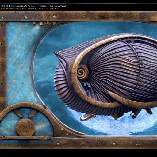 Prompt: hyper realistic full side view of captain nemo's steampunk nautilus submarine designed to look like a fish with fins, porthole windows, retrocore, cyber steampunk 8 k 3 d