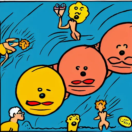 Prompt: cartoon of a giant ball of human bodies in bathing suits rolling down the beach in sunday funnies style