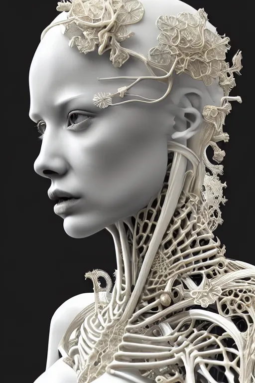 Image similar to bw 3 d render, stunning beautiful young biomechanical albino female cyborg with a porcelain profile face, angelic, rim light, big leaves and stems, roots, fine foliage lace, alexander mcqueen, art nouveau fashion embroidered, steampunk, silver filigree details, hexagonal mesh wire, mandelbrot fractal, elegant, artstation trending