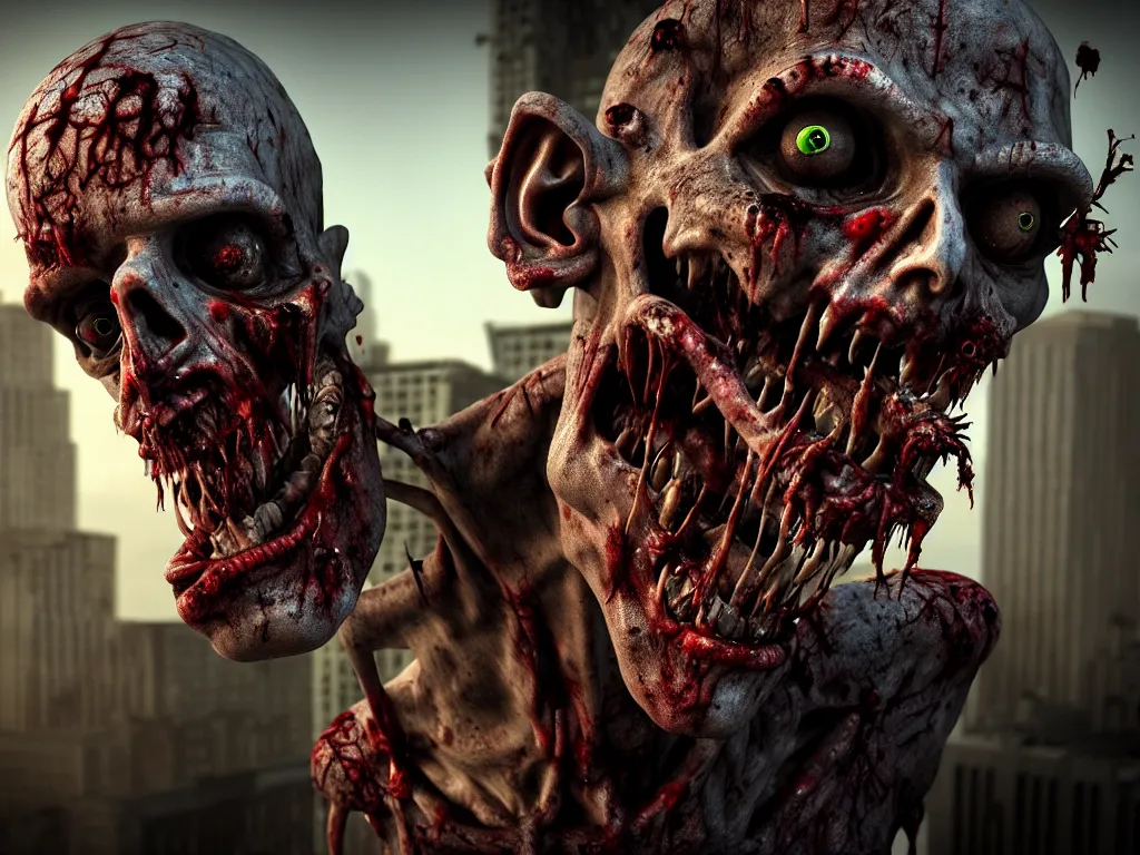 Prompt: zombie close up with a city background, grotesque, ugly, moody, 3 d, 3 d render, realistic, hdr, stan winston studios, dramatic lighting, cinematic lighting