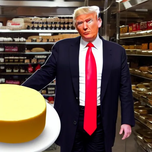 Image similar to Donald Trump stealing cheese from a cheese specialty store