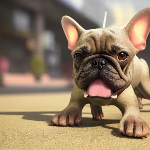 Image similar to french bulldog, anime, disney, pixar, 8 k, hd, dof, kodak film, volumetric lighting, subsurface scattering, photorealistic, octane render, details