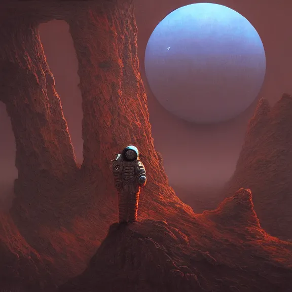 Image similar to a highly detailed 4 k fantasy matte painting of astronaut, zdzislaw beksinski, artstation, cgsociety, unreal engine