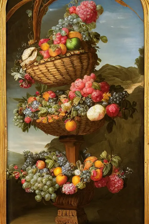 Prompt: a beautiful detailed baroque painting of fruit and flowers in a basket on a fancy tall pedestal, with a window with curtains in the background