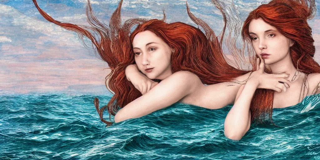 Prompt: realistic portrait of a beautiful mermaid in the sea, 1450, ink, ultra realistic, 8k