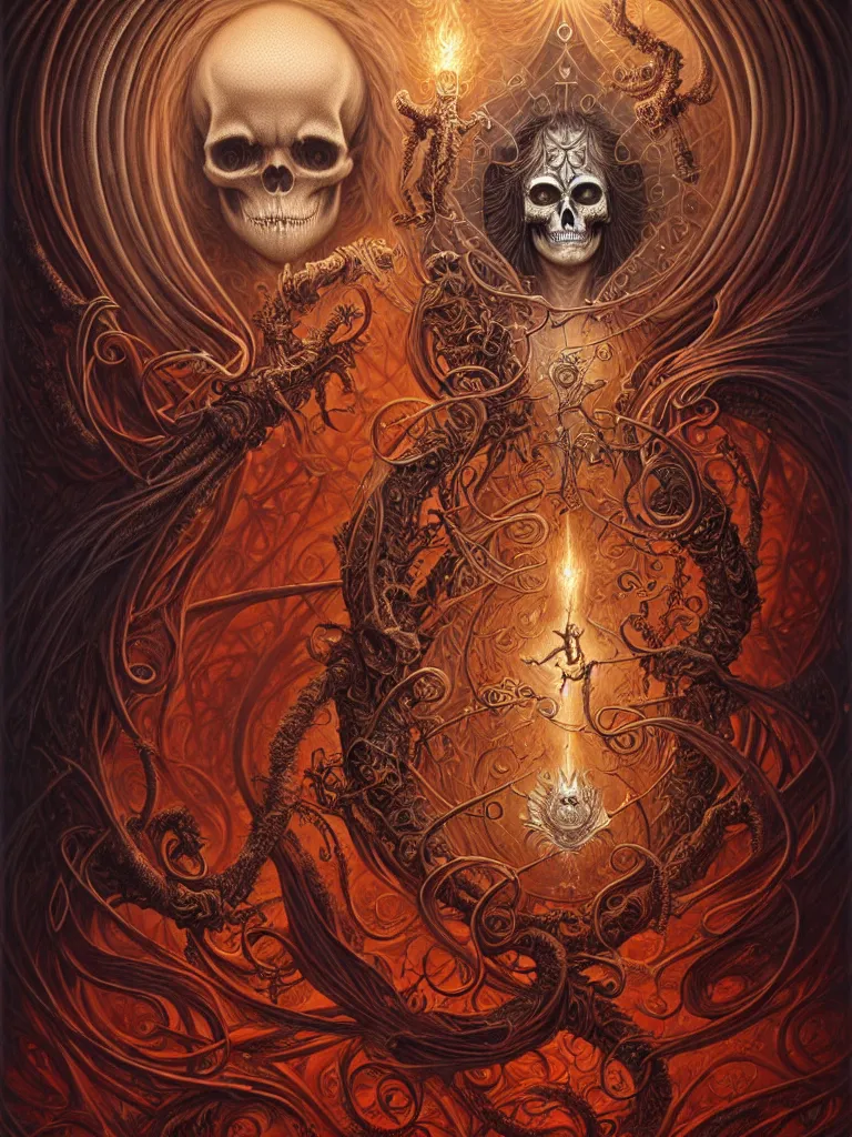 Image similar to A beautiful detailed orixa, tarot card, by tomasz alen kopera and Justin Gerard, symmetrical features, ominous, magical realism, texture, intricate, ornate, royally decorated, skull, skeleton, whirling smoke, embers, red adornements, red torn fabric, radiant colors, fantasy, trending on artstation, volumetric lighting, micro details, 3d sculpture, ray tracing, 8k, anaglyph effect