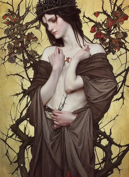 Image similar to beautiful pale gothic maiden with crown of thorns, intricate, elegant, highly detailed, digital painting, artstation, concept art, smooth, sharp focus, illustration, art by artgerm and greg rutkowski and alphonse mucha and Gustav Klimt