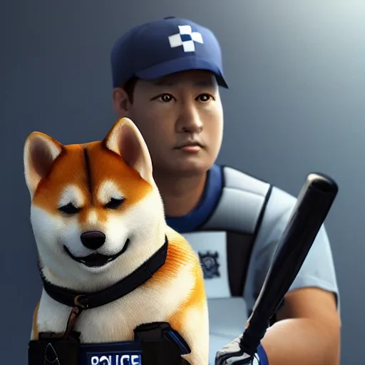 Prompt: police shiba inu holding a baseball bat on his hand, cinematic lightning, 4 k, ultra detailed, trending on artstation, masterpiece, digital art.