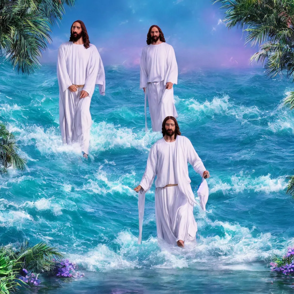 Prompt: Jesus walking on water, vaporwave style