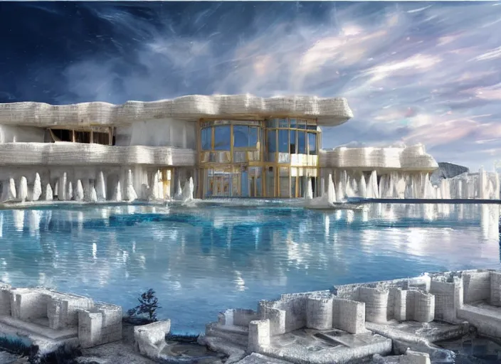 Prompt: modern chic futuristic royal house with gold intricate details at Pamukkale, thermal waters flowing down white travertine terraces, ethereal and dreamy heavenly clouds, golden hour, royal blue specks of emotions, holy, divine, heavenly kingdom, intricate, elegant, luxurious, digital painting, concept art, smooth, sharp focus, from Star Trek 2021, illustration, by WLOP and Ruan Jia and Mandy Jurgens and William-Adolphe Bouguereau, Artgerm