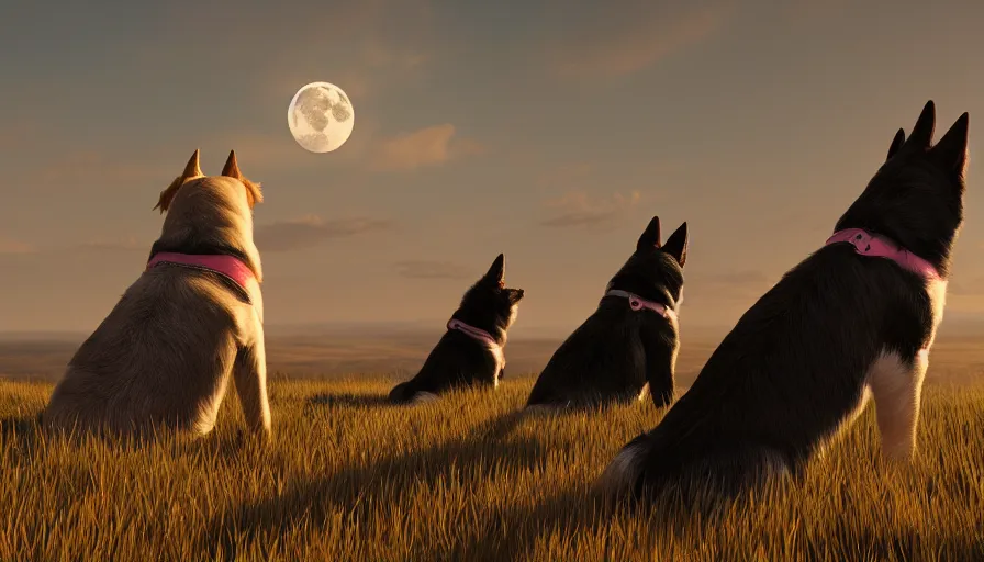 Image similar to back view of dogs watching the moon sitting on the hill, hyperdetailed, artstation, cgsociety, 8 k