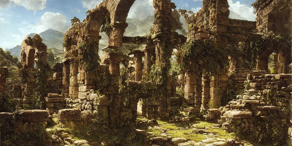 Image similar to roman ruins in mountains by ferdinand knab,