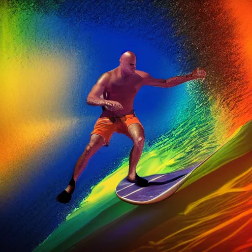 Prompt: kelly slater, psychedelic surfing, octane render, 8k, ultra detailed, iso 100