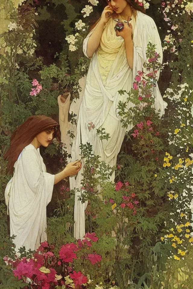 Image similar to atmospheric painting of a beautiful greek woman in robes, in garden full of ferns, marigold flowers by alphonse mucha