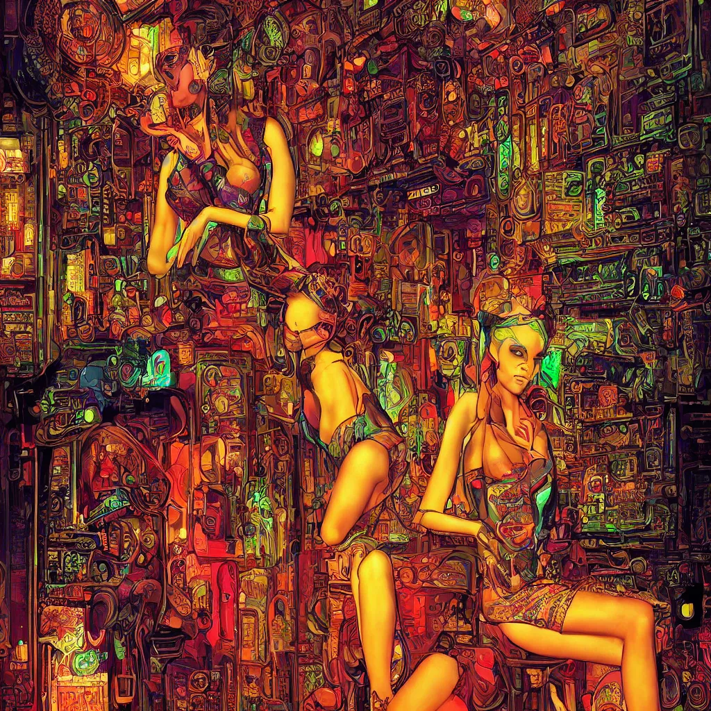 Image similar to beautiful psychedelic digital art of a beautiful cyberpunk lady in a cozy bar by Mad Dog Jones, Norman Rockwell and Ben Erdt