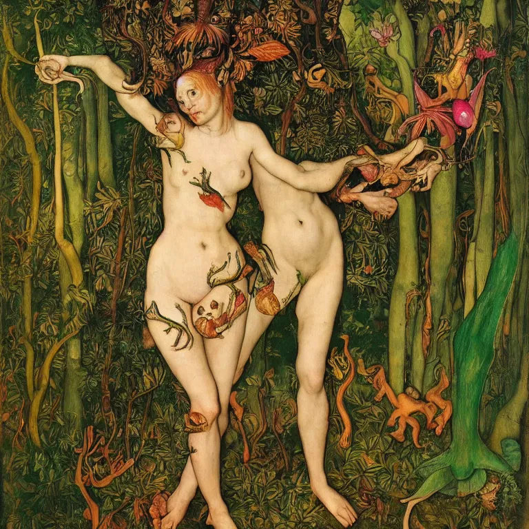 Image similar to a dryad venus, transforms herself into a tropical alien fish. in the forest around her are colorful tropical birds and orchids. painted by jan van eyck, egon schiele and max ernst, trending on artstation, 8 k, award winning