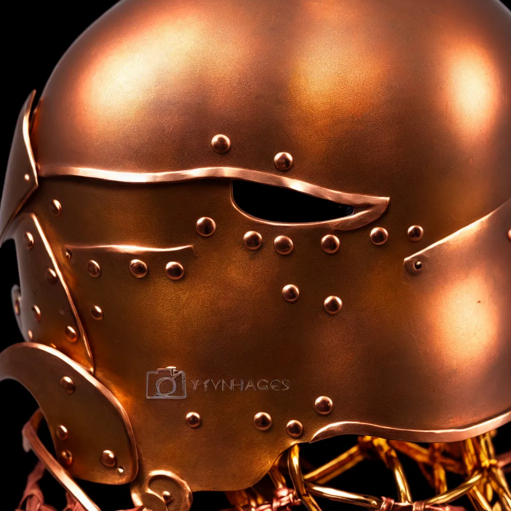 Image similar to a photo of a duel knight's helmet that is made of copper and gold, beautiful ornated details