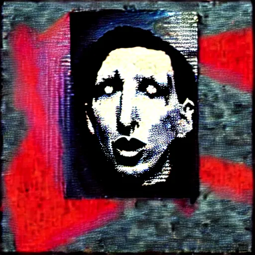 Prompt: painting on a badge!!!!, photo of a marilyn manson, punks not dead!!!!, exploited!!, clash, junk yard, rats!!, god save the queen!!!, punk rock album cover art style, grunge, no future!!!!, glitch effect