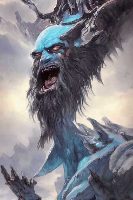 Image similar to north mythology concept art painting of ice gigant ymir the ancestor of all giants by james gurney, trending on artstation, detailed