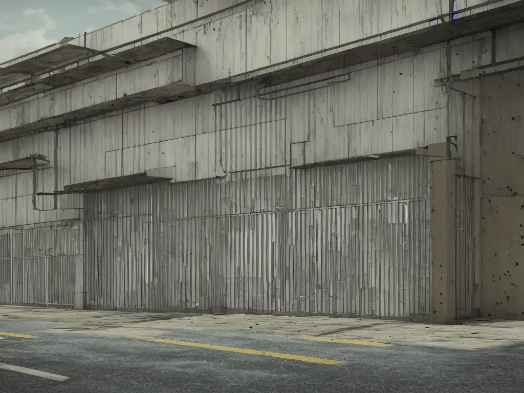 Prompt: shuttered mall store, metallic shutter, nostalgic, overgrown, vegetation, metal fences, polished concrete, reflective, octane render, concept art,