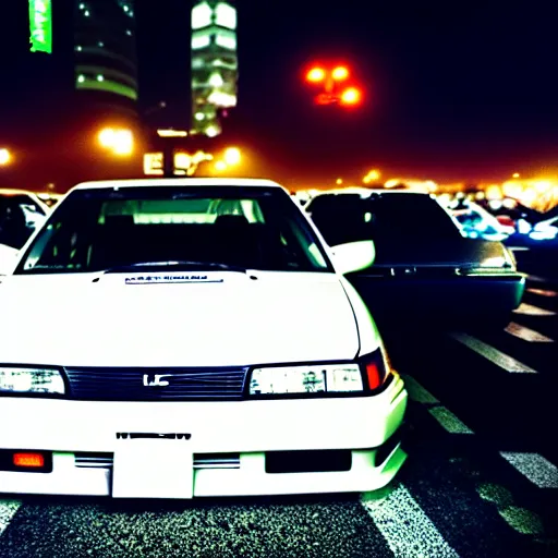 Image similar to a car JZX100 at illegal car meet, Shibuya prefecture, city midnight mist, cinematic color, photorealistic, highly detailed, 200MM