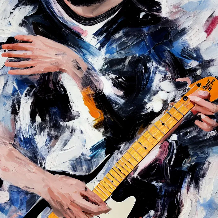 Prompt: abstract large swirly brush strokes painting of a young korean man wearing stylish black v neck t shirt holding a telecaster!!! electric guitar!!, candid!! dark background, huge thick flowing dramatic brush strokes, matte colors, abstract, impressionist, motion, trending on artstation