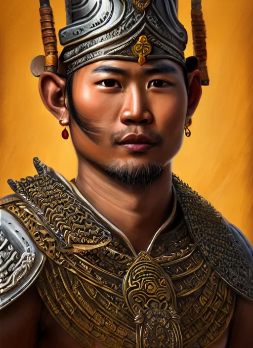 Prompt: smart tai warlord of lanna, chiang mai, closeup portrait, without beard and mustache, historical hero, ethnic group, tai costume, thai traditional bronze headdress, intricate, with leather armor cross on bare chest, elegant, loin cloth, highly detailed, oil painting, artstation, concept art, matte, sharp focus, illustration, hearthstone, art by earl norem