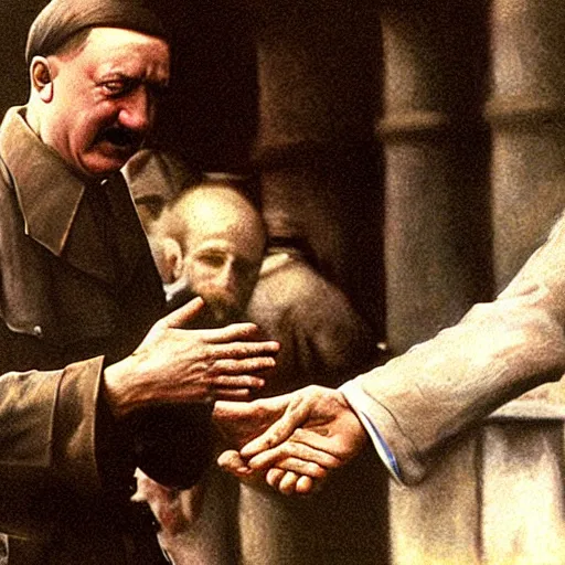 Image similar to hitler handshakes jesus hd, realistic, by da vinci