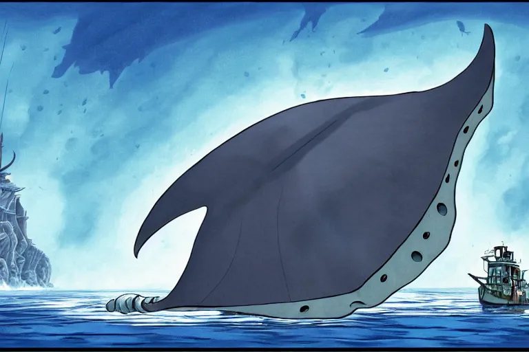 Image similar to cell shaded cartoon of a giant lovecraftian mechanized grey manta ray from howl's moving castle ( 2 0 0 4 ), in an icy river, full body, wide shot, very muted colors, post grunge, studio ghibli, highly detailed, deviantart, art by artgem