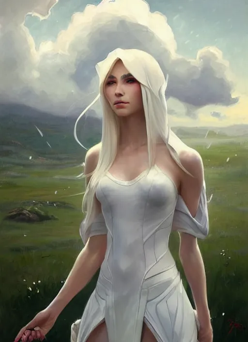 Image similar to portrait of Syndra from League of Legends in white dress, countryside, calm, fantasy character portrait, dynamic pose, above view, sunny day, thunder clouds in the sky, artwork by Jeremy Lipkin and Giuseppe Dangelico Pino and Michael Garmash and Rob Rey, very coherent asymmetrical artwork, sharp edges, perfect face, simple form, 100mm