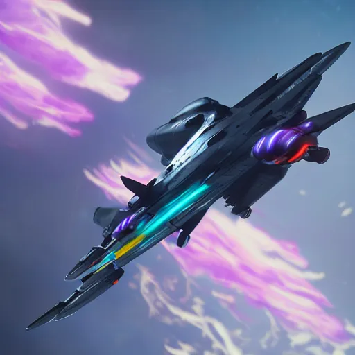 Image similar to octane render, a futuristic space fighter modeled after a spitfire plane, flying through colorful clouds of smoke inside an intense space battle, featured on cgsociety, dramatic lighting, cinema 4 d, ray traced lighting, photorealistic, ultra - detailed, f 1. 3