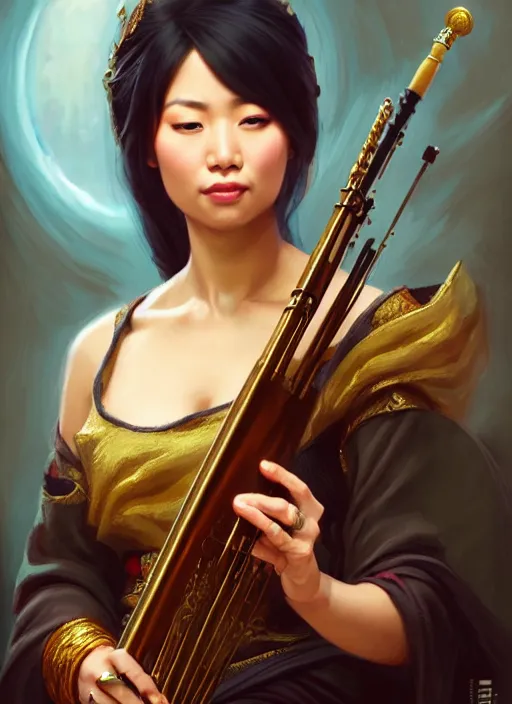 Image similar to a _ fantasy _ style _ portrait _ painting _ of asian female charismatic bard playing instrument, rpg dnd oil _ painting _ unreal _ 5 _ daz. _ rpg _ portrait _ extremely _ detailed _ artgerm _ greg _ rutkowski _ greg