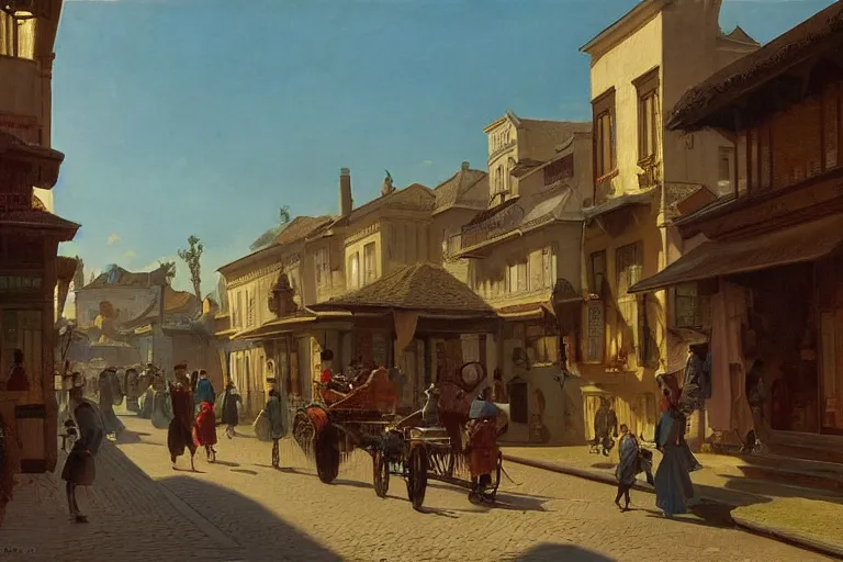 Image similar to street at dawn in a very beautiful Western town in summer by Ludwig Deutsch and Rudolf Ernst, colorful architecture, strong dramatic cinematic lighting, lost civilizations, smooth, sharp focus, extremely detailed